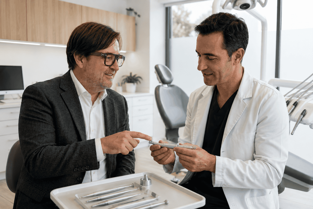 Asesor de depósito dental mostrando instrumental técnico a un dentista durante una visita presencial en clínica dental moderna.