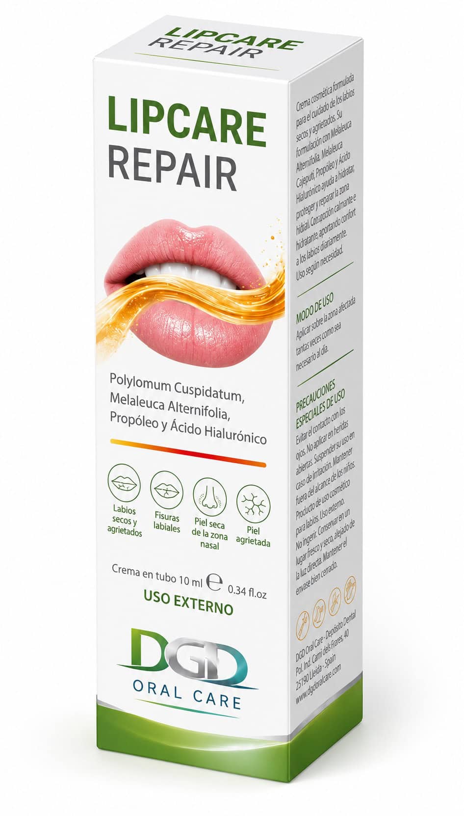 Estuche y tubo de LipCare Repair de DGD Oral Care, crema reparadora de 10 ml para labios agrietados, comisuras y zona perioral