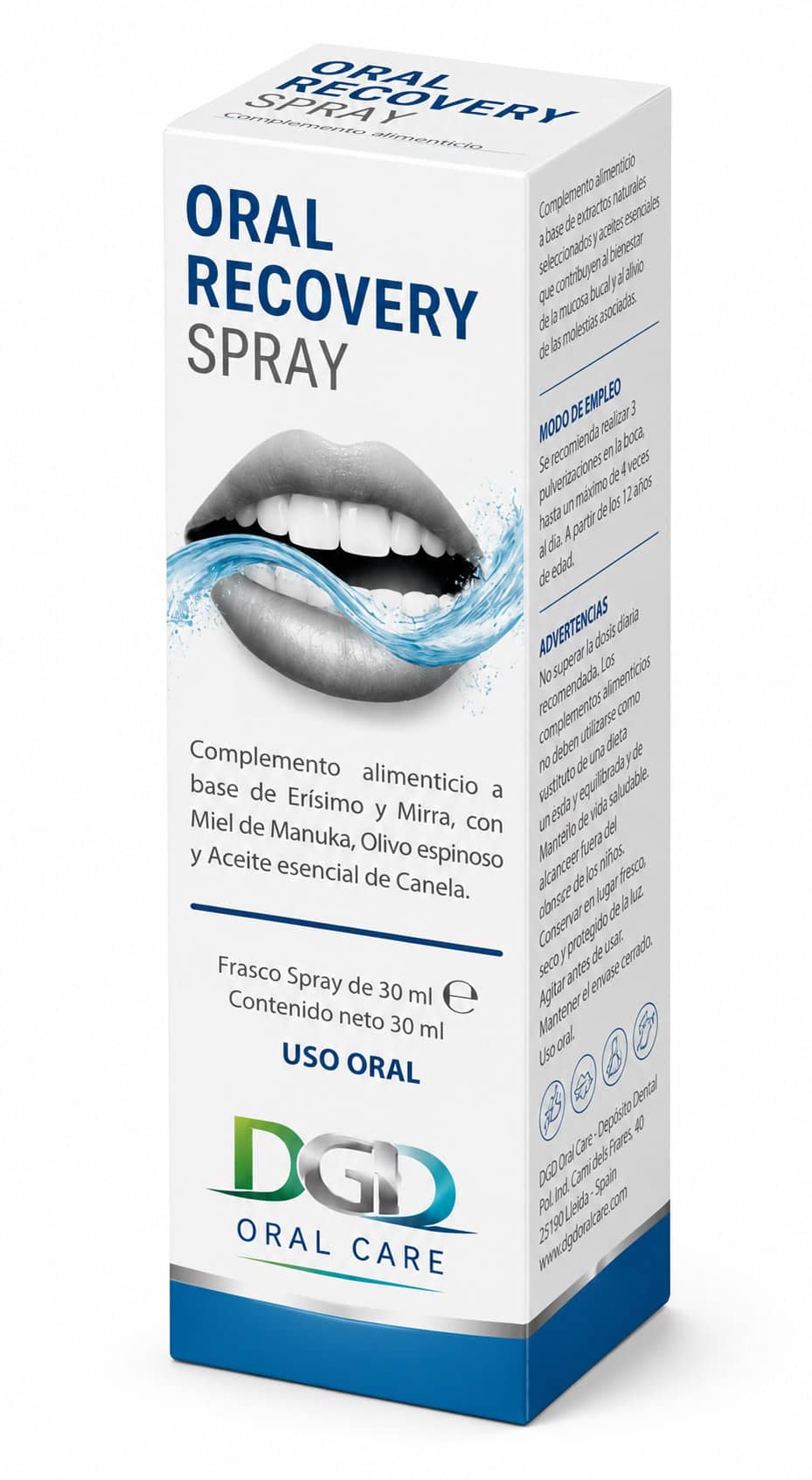 Estuche de Oral Recovery Spray de DGD Oral Care, complemento alimenticio en spray oral de 30 ml con erísimo, mirra y miel de manuka